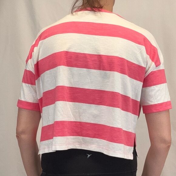 ASOS Women's Striped Oversized Boxy Cropped T Tee Shirt 2 White Bright Hot Pink - Picture 2 of 12